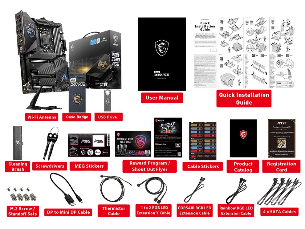 MSI MEG Z590 ACE Gaming Motherboard for Intel 11th Gen package contents