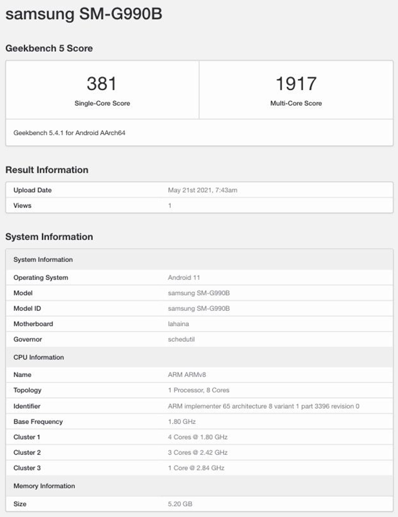 Puntuaciones de referencia de fugas de Samsung Galaxy S21 FE Fuente: 91mobiles