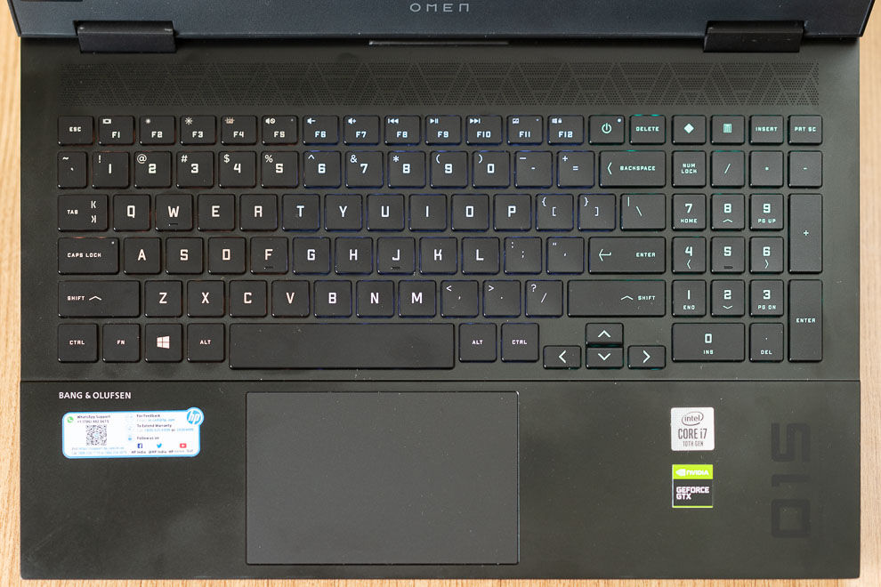 HP Omen 15 offers a really nice 4-zone RGB keyboard and a nice, matte trackpad