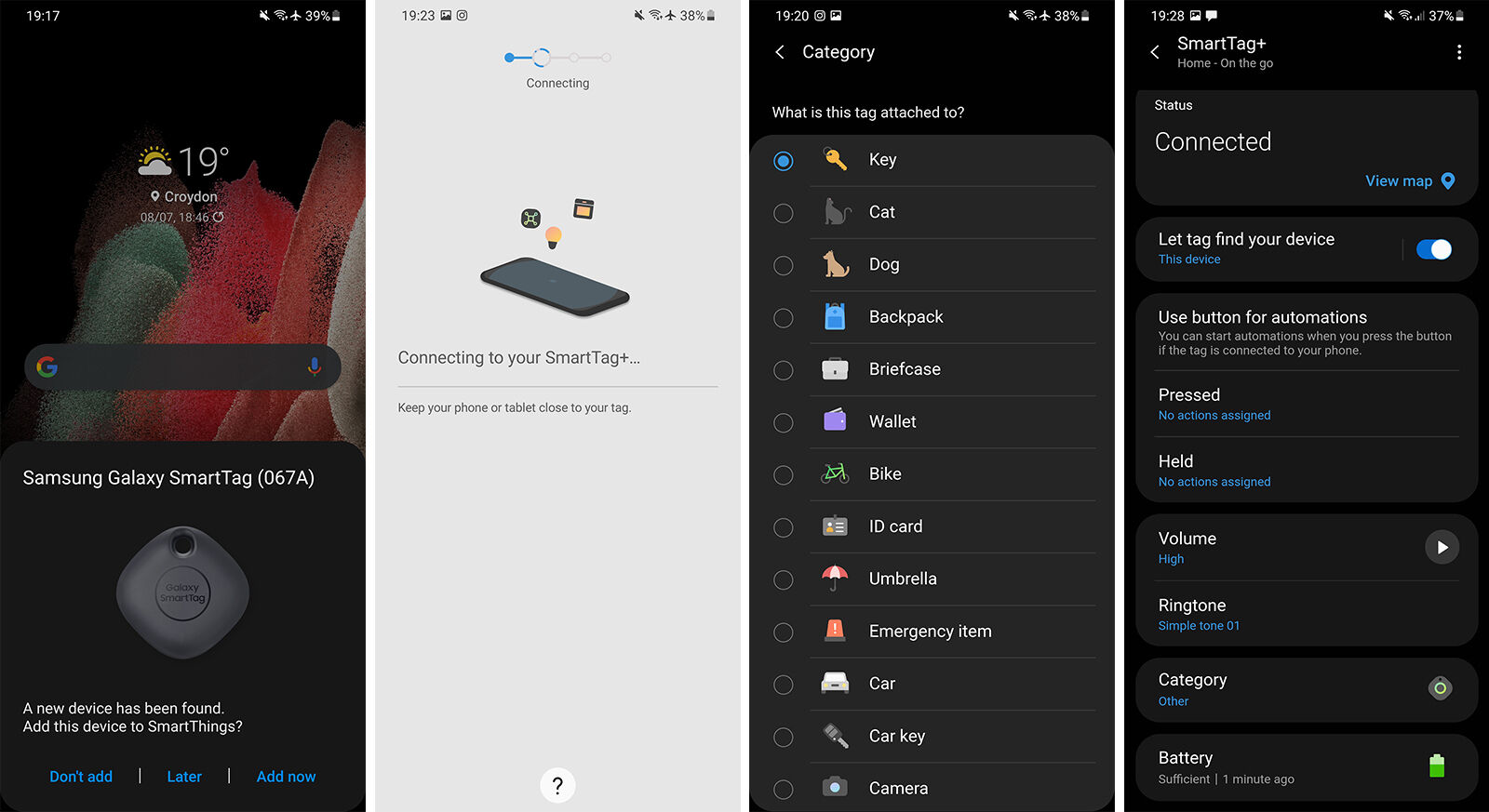 Samsung Galaxy SmartTag pairing screenshots