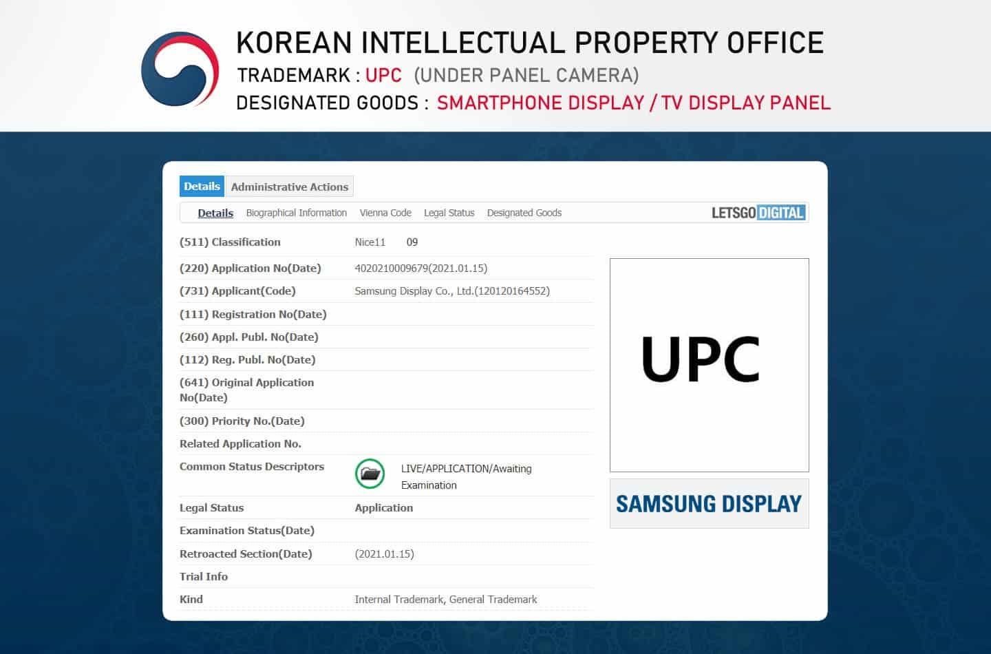 Solicitud de marca registrada Samsung UPC Corea |  Fuente: LetsGoDigital