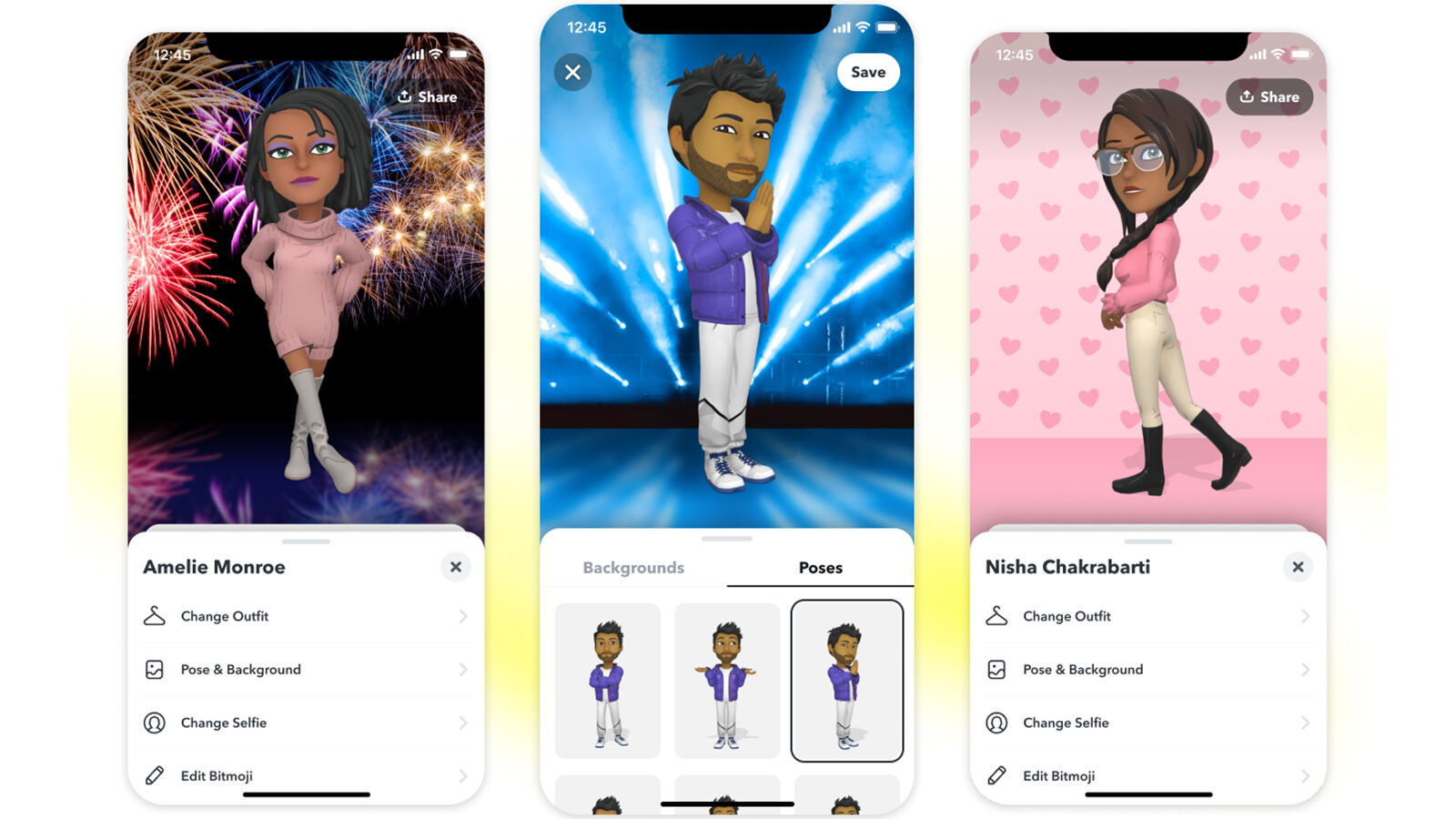 Menú de poses de Snapchat 3D Bitmoji