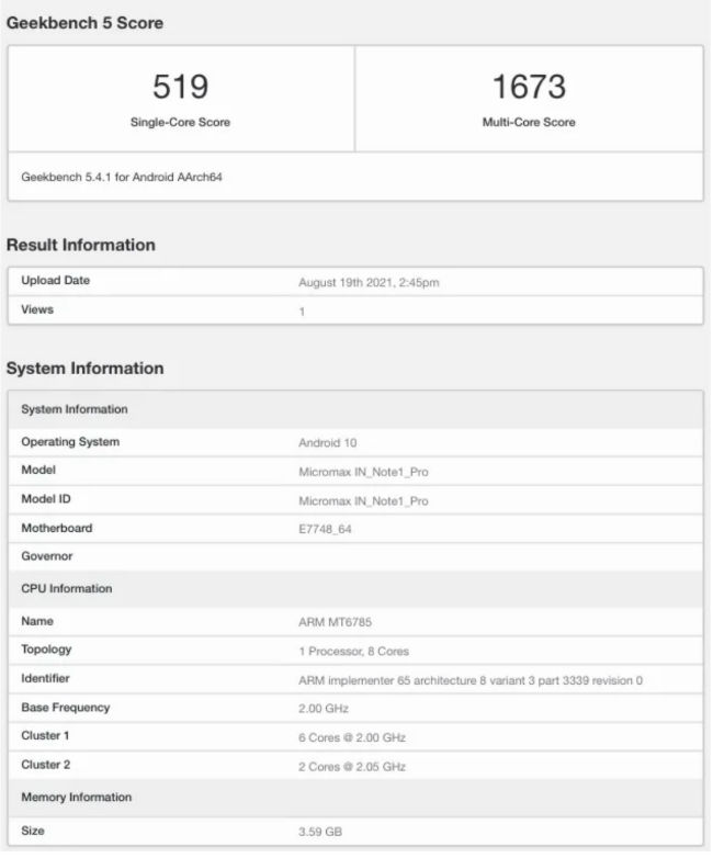 Micromax In 1 Note Pro Geekbench Listado Especificaciones GPU Lanzamiento Precio en India