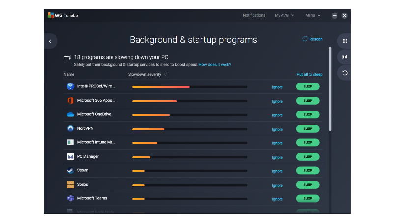 Programas en segundo plano de AVG TuneUp
