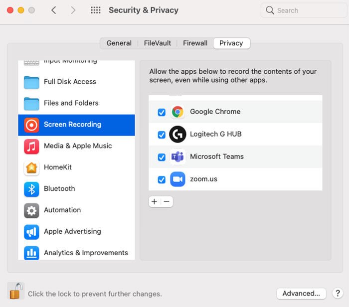 Agregar aplicación a Screen Recordings Mac