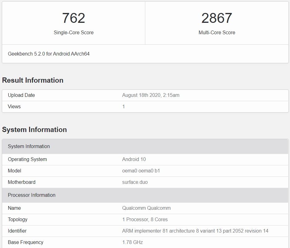 Geekbench de Surface Duo