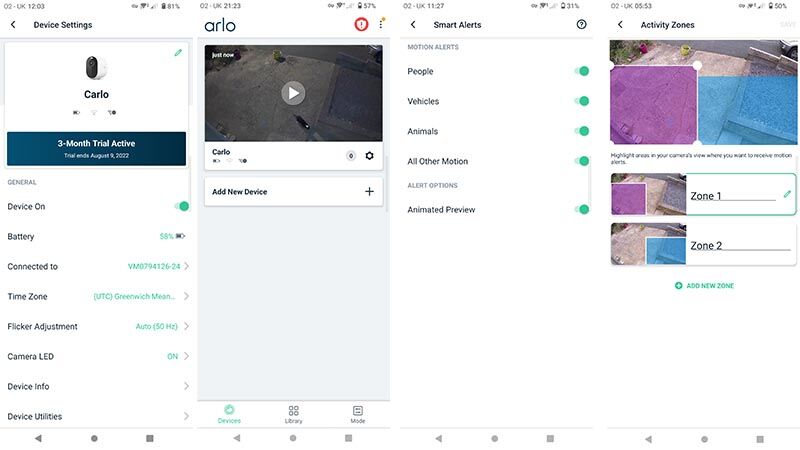 Capturas de pantalla de la aplicación Arlo
