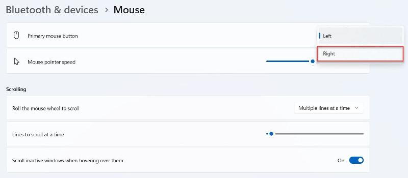 Ratón para zurdos de Windows 11