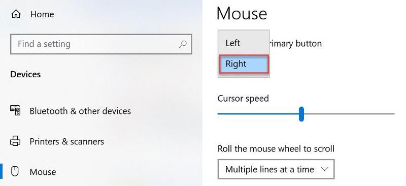 Ratón para zurdos de Windows 10