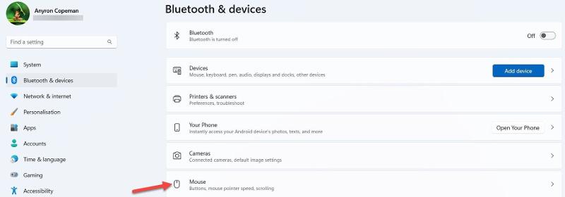 Ratón para zurdos de Windows 11