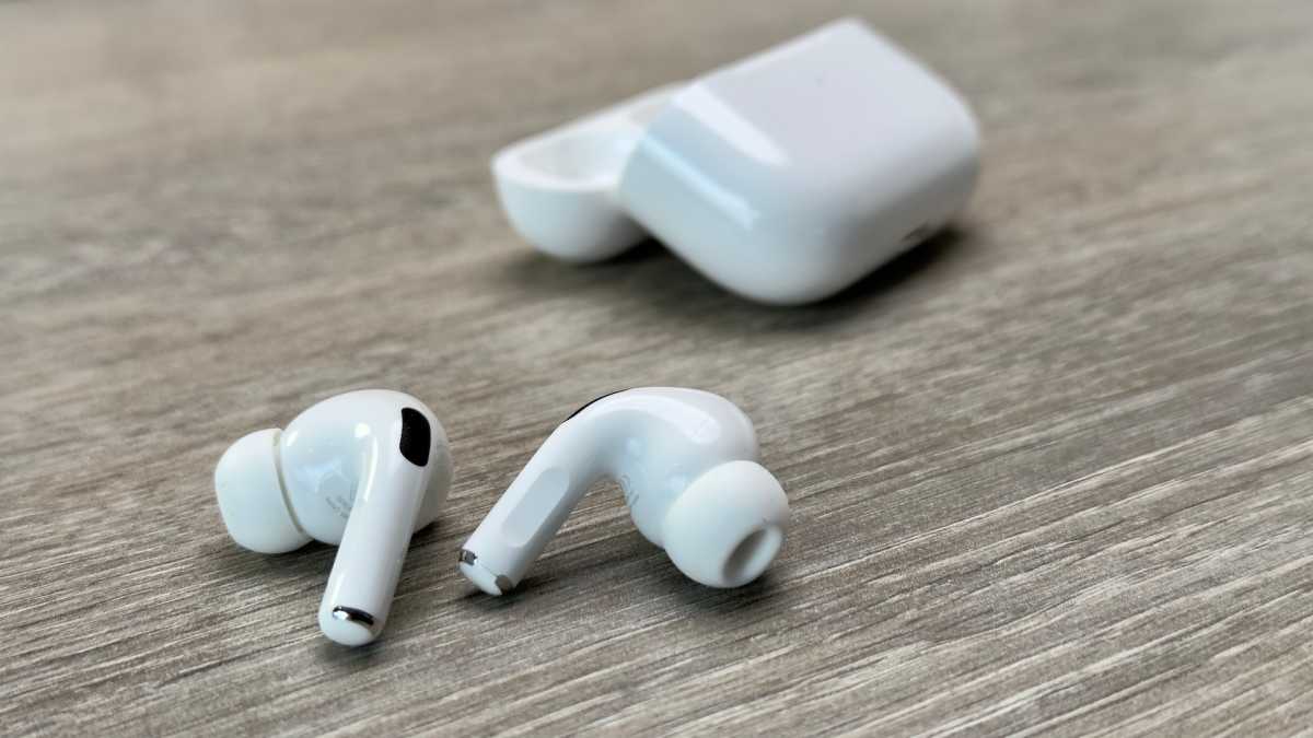 Close-up of AirPods Pro (2022) earbuds on a table