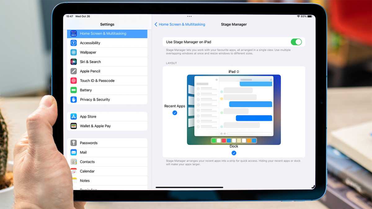 Menú de configuración de Stage Manager en un iPad