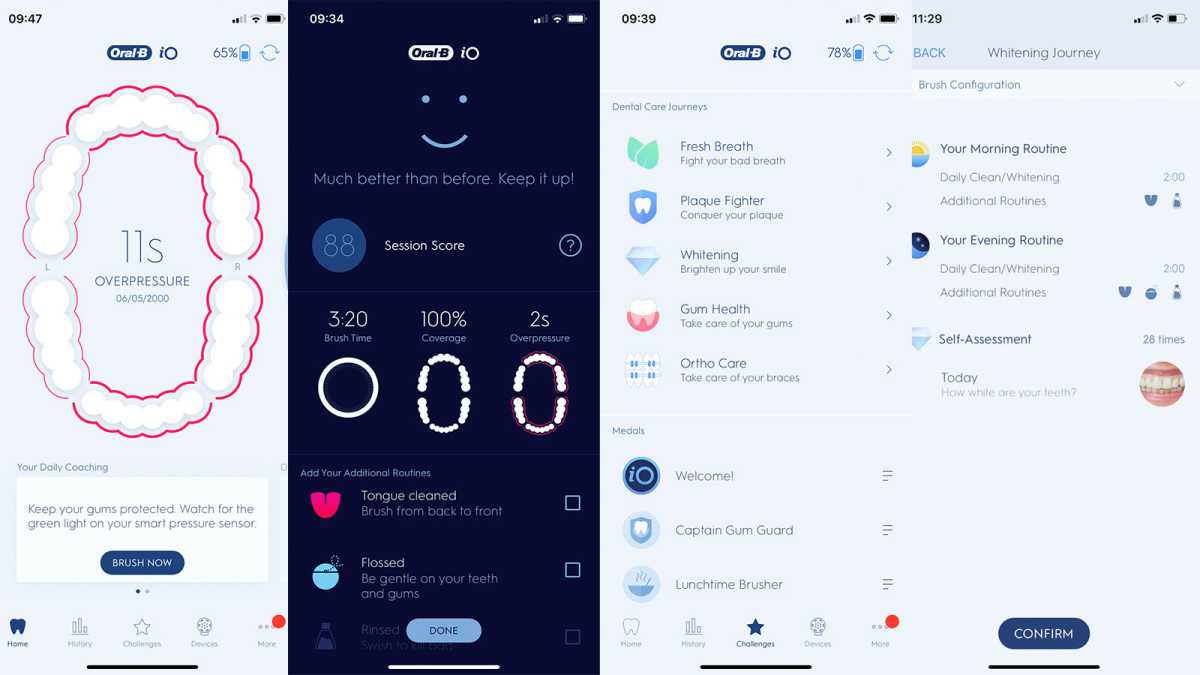 Imágenes de la aplicación Oral-B iO5, incluida la pantalla de entrenamiento de cepillado