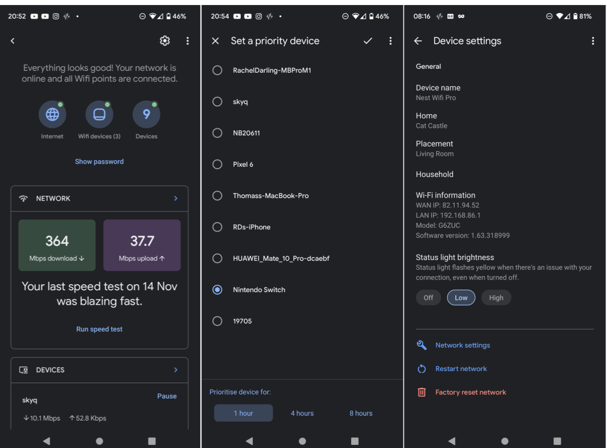 Overview of a typical Google Nest WiFi Pro home network using the Google Home app for Android