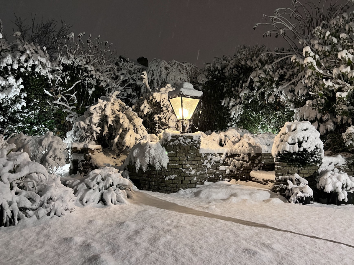 Toma en modo nocturno de una escena al aire libre nevada con una lámpara