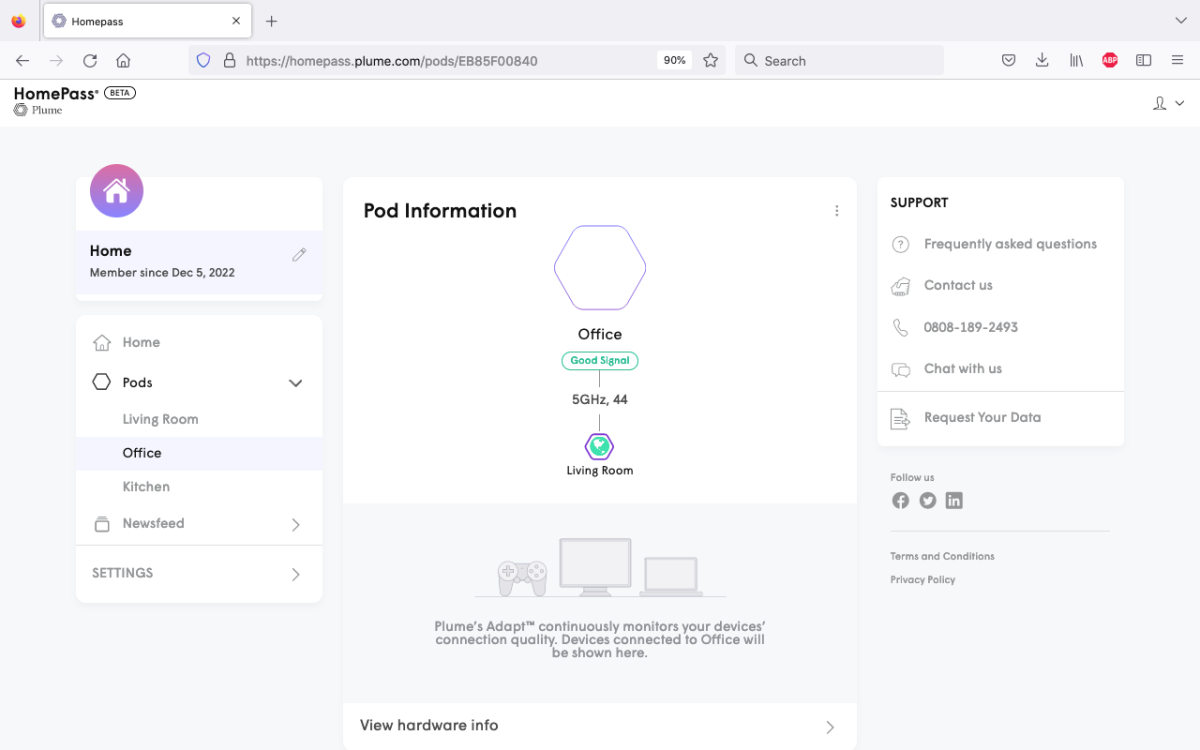 A screengrab of the Plume HomePass desktop dashboard, showing off the connection status between the Office and Living Room access points. The connection quality is 'Good'.