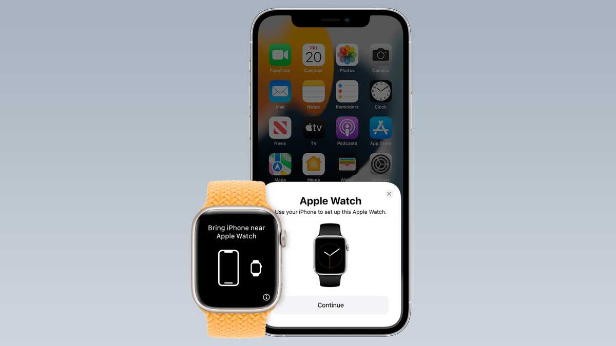 Apple Watch y iPhone cerca uno del otro con la configuración de Apple Watch en pantalla