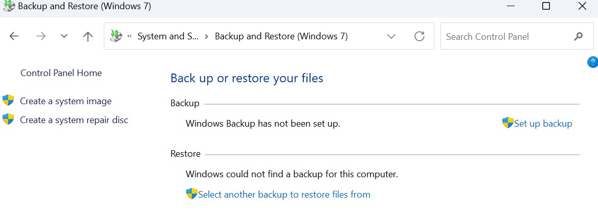 Copia de seguridad de Windows en el Panel de control