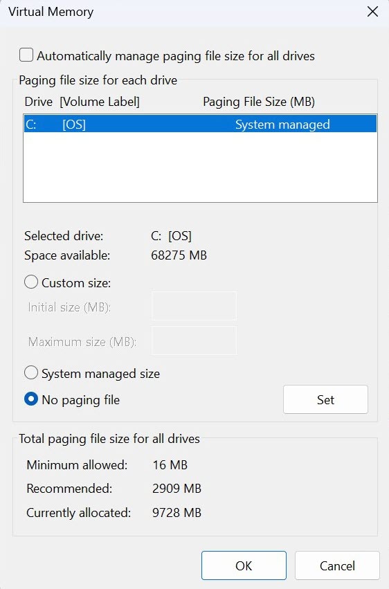 Configuración del archivo de paginación de Windows 11