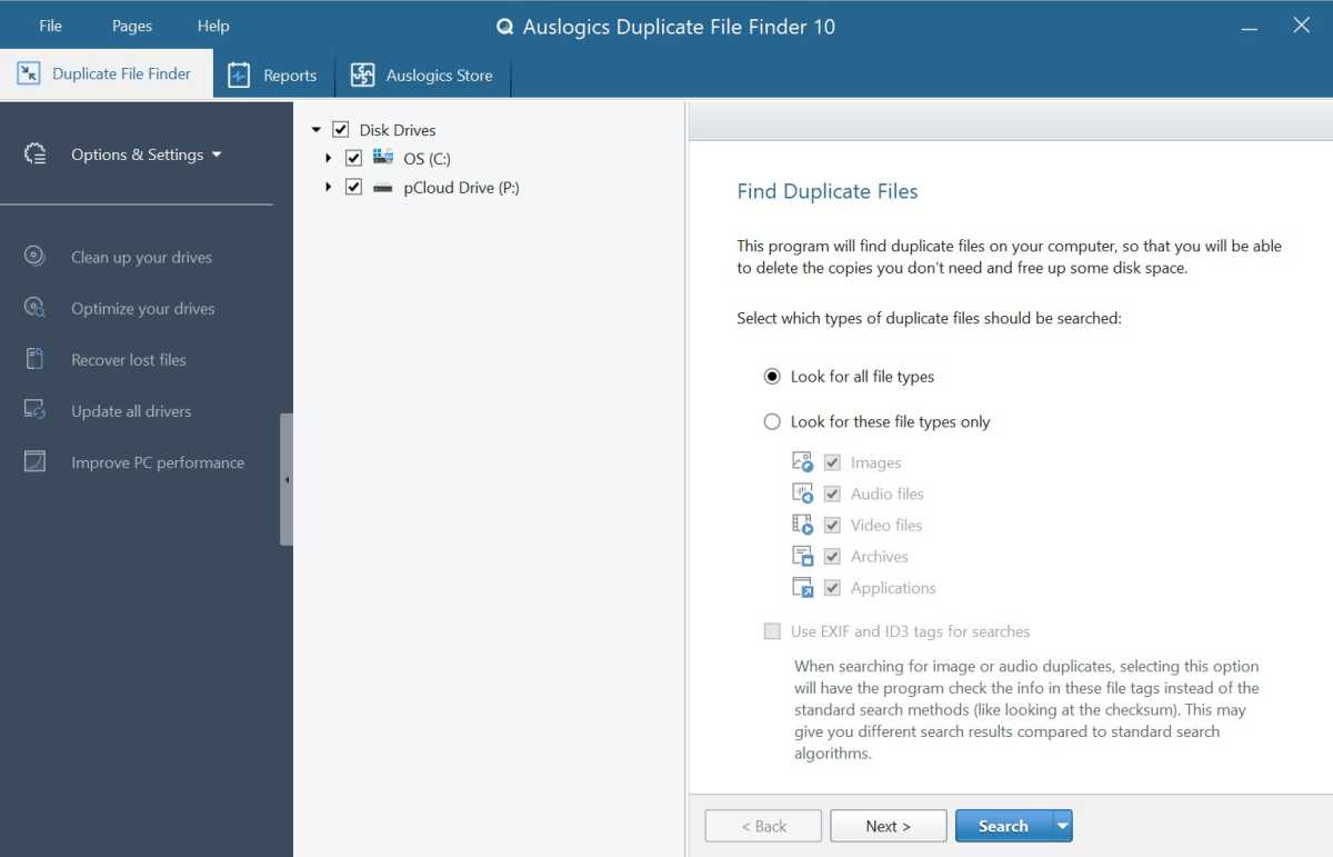 Pantalla principal del Buscador de archivos duplicados de Auslogics