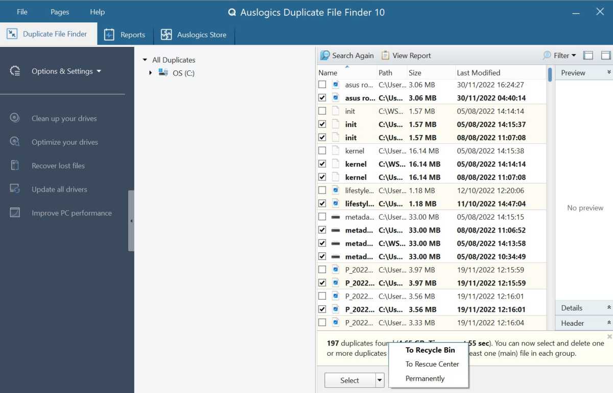 Opciones de eliminación de Auslogics Duplicate File Finder