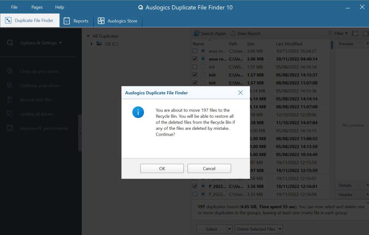 Auslogics Duplicate File Finder confirma la eliminación