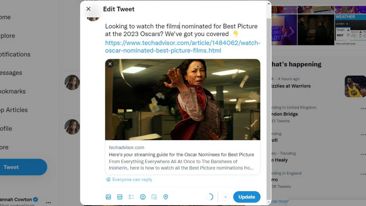 Captura de pantalla de la página de Twitter de un tuit sobre la edición de los Oscar