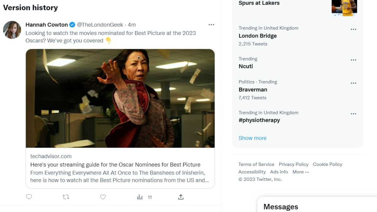 Captura de pantalla de Twitter - 'Historial de versiones' de un tuit sobre los Oscar