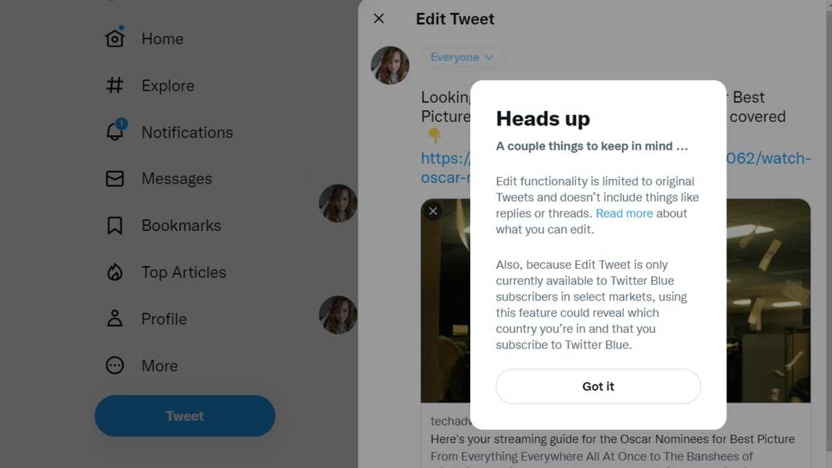 Captura de pantalla de la función 'editar tweet' con términos y condiciones