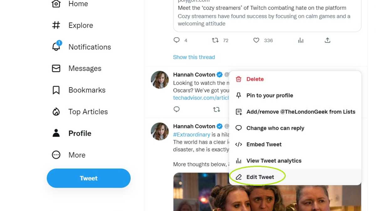 Captura de pantalla de Twitter, con un círculo alrededor del botón 
