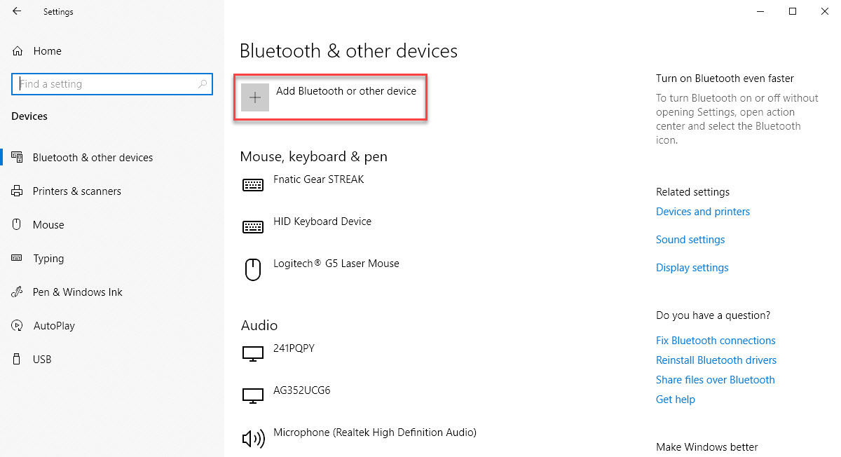 Captura de pantalla de conexión de Windows 10 a Bluetooth
