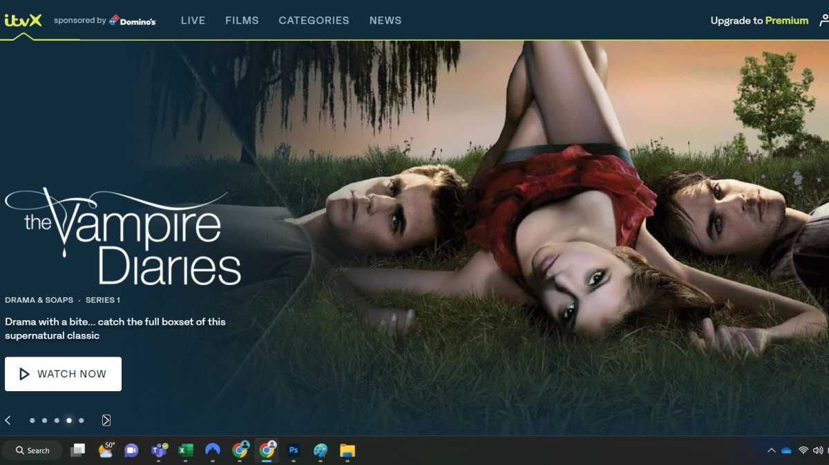 Captura de pantalla de la página de inicio de ITVX con The Vampire Diaries