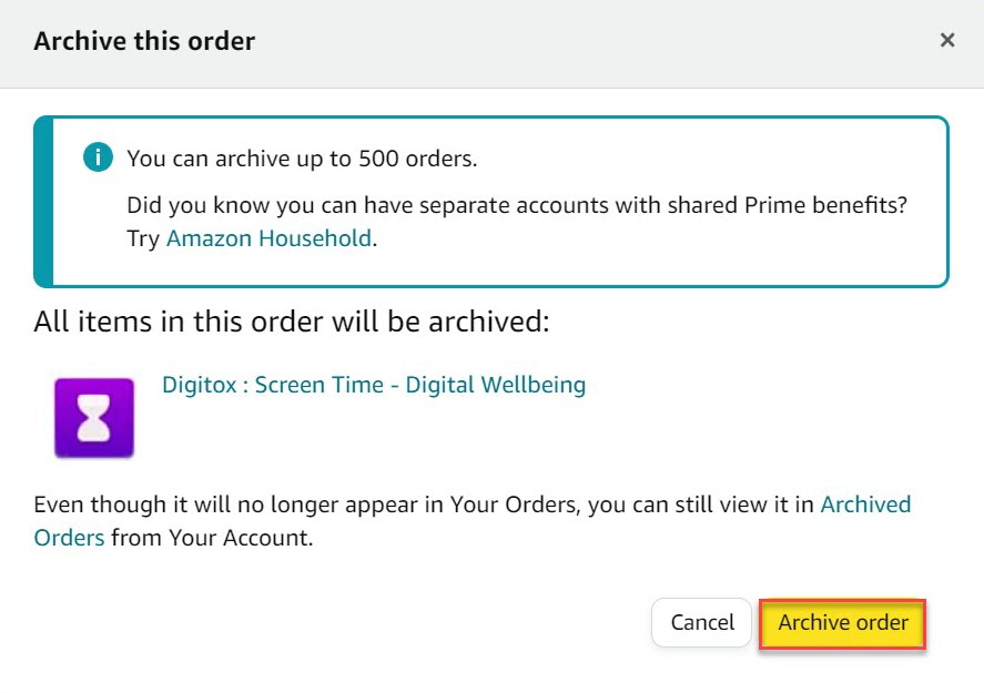 Captura de pantalla de órdenes ocultas de Amazon
