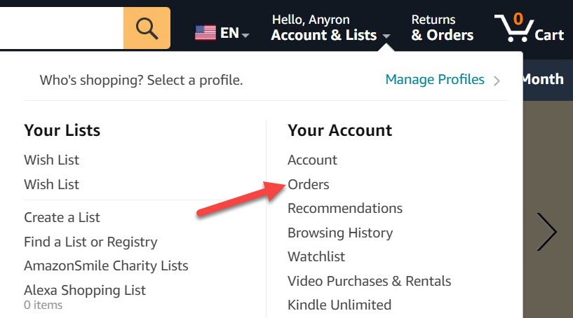 Capturas de pantalla de pedidos ocultos de Amazon