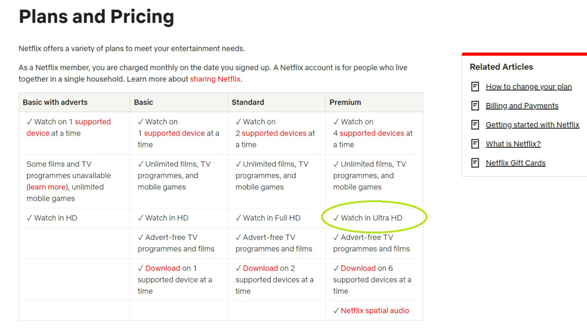 Captura de pantalla de planes y precios de Netflix con 