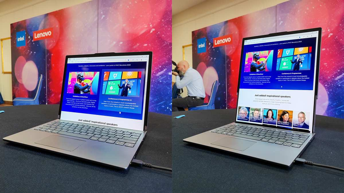 Concepto de portátil enrollable de Lenovo uno al lado del otro