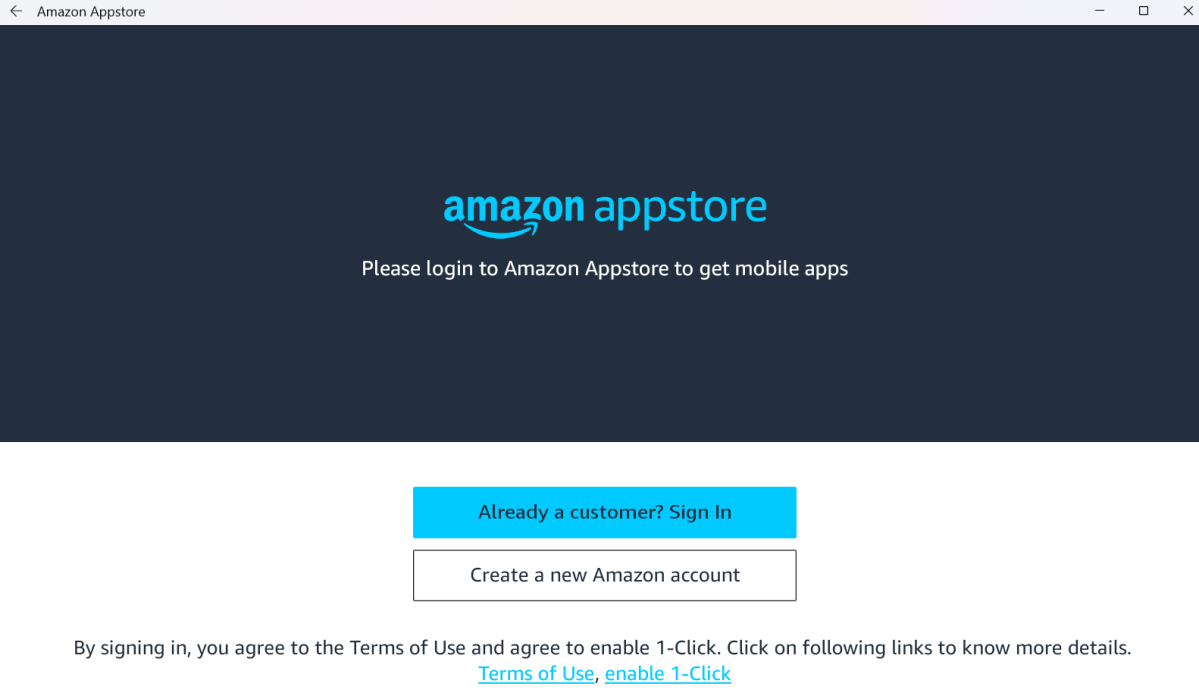 Pantalla de configuración de Amazon Appstore en Windows 11