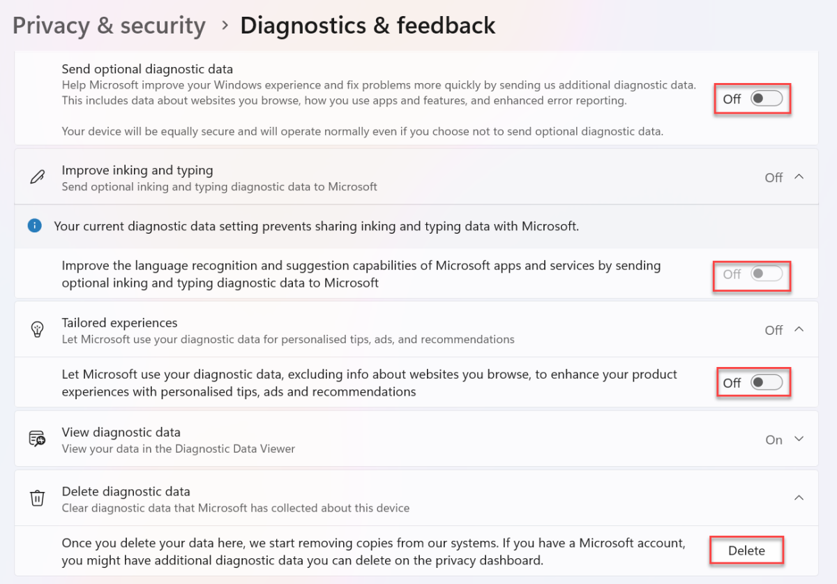 Windows 11 desactiva la captura de pantalla de recopilación de datos