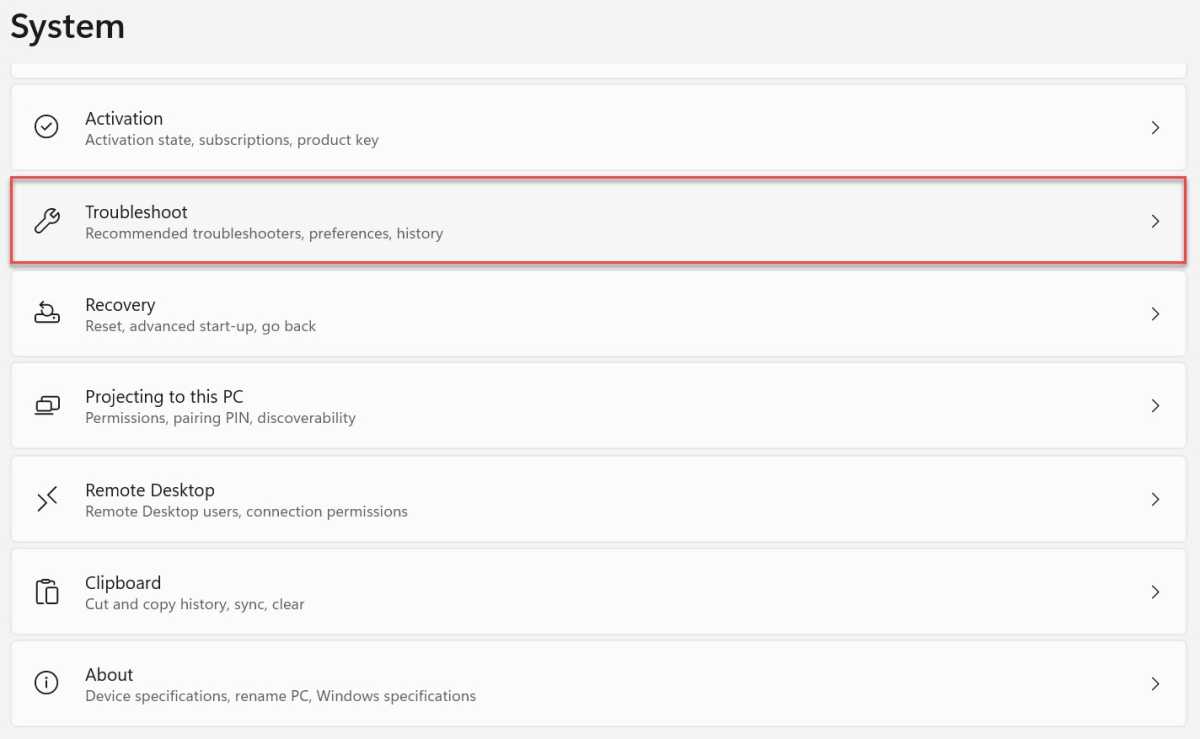 Configuración de solución de problemas de Windows 11 resaltada