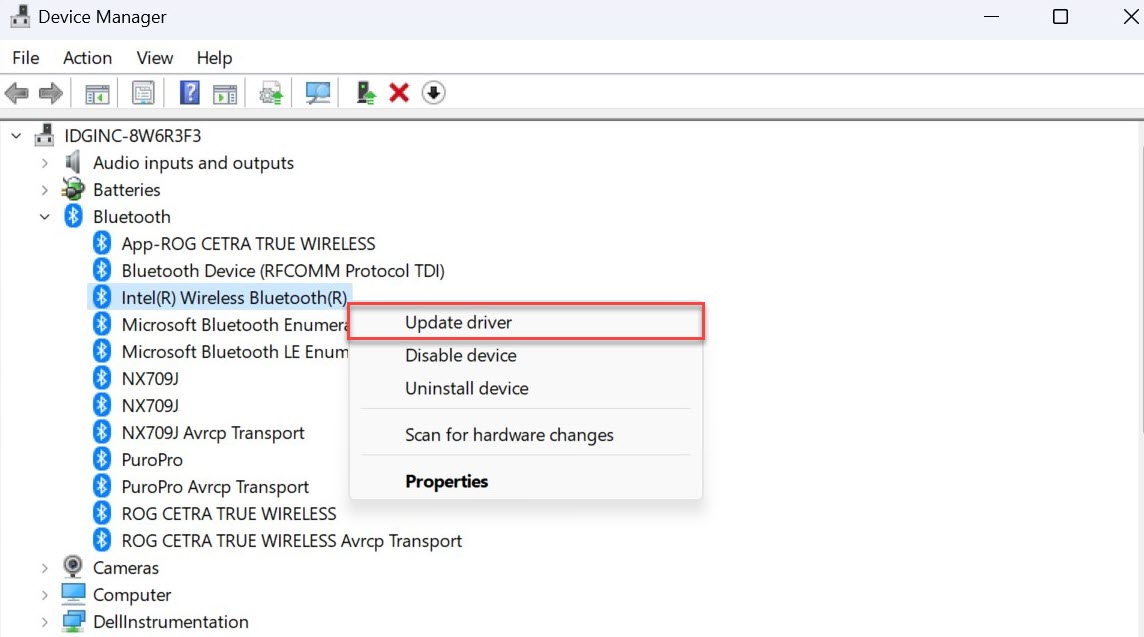 Administrador de dispositivos de Windows 11 con la opción Actualizar controlador resaltada