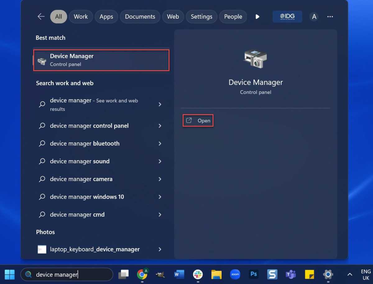 Menú de búsqueda de Windows 11 con el Administrador de dispositivos resaltado