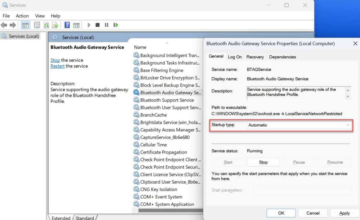 Menú de servicios Bluetooth de Windows 11 con el tipo de inicio automático resaltado
