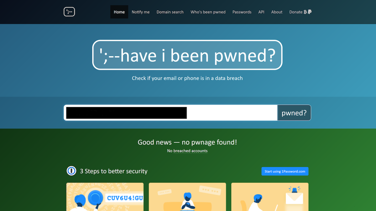 Una captura de pantalla de la página de inicio de Have I Been Pwned vista a través de Firefox para Windows