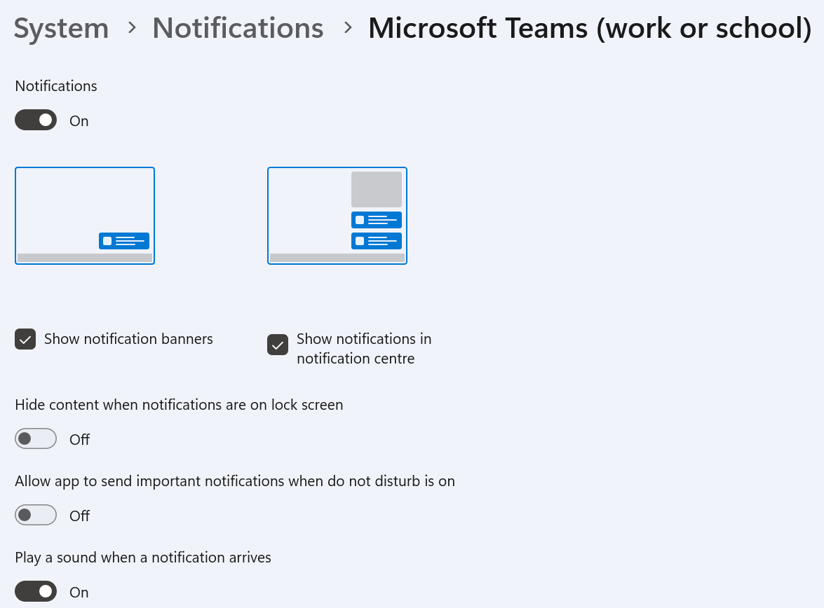 Configuración de notificaciones de Windows 11 Microsoft Teams