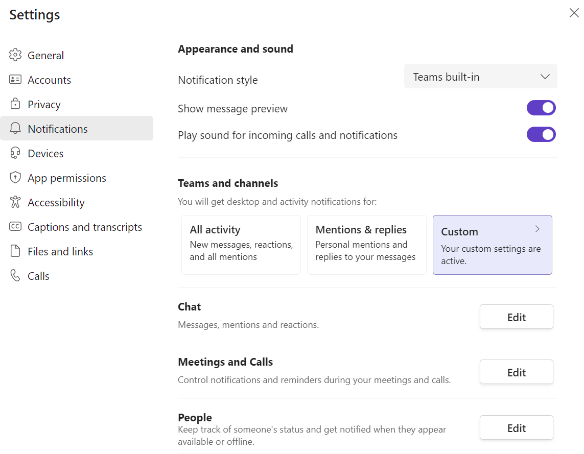 Captura de pantalla de la configuración de notificaciones de Windows 11 Microsoft Teams