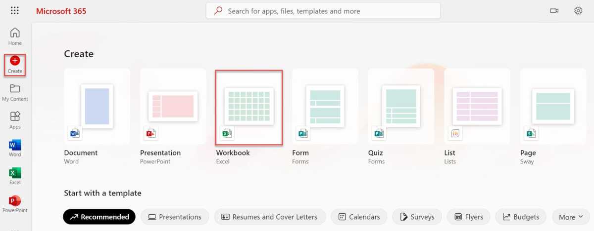 Microsoft Excel crea un nuevo documento web