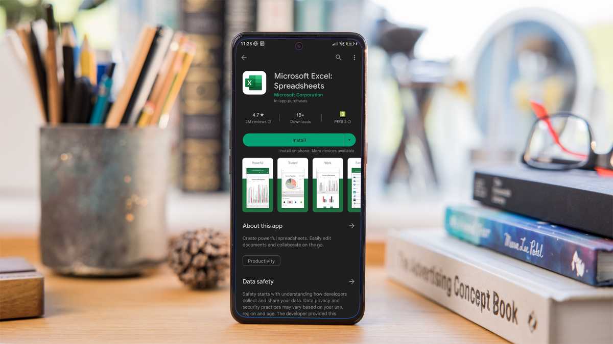 Aplicación de Microsoft Excel en Google Play Store en un teléfono inteligente Android