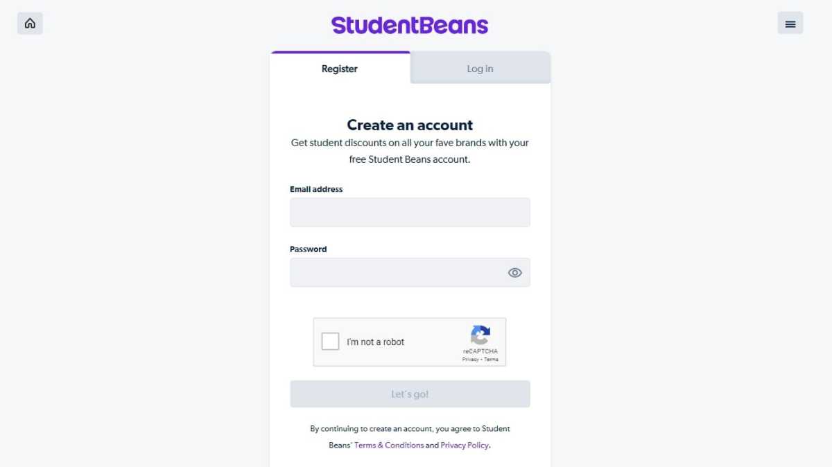 Página de registro de Student Beans