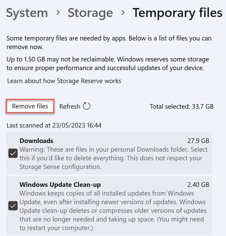 Pantalla de archivos temporales de Windows 11