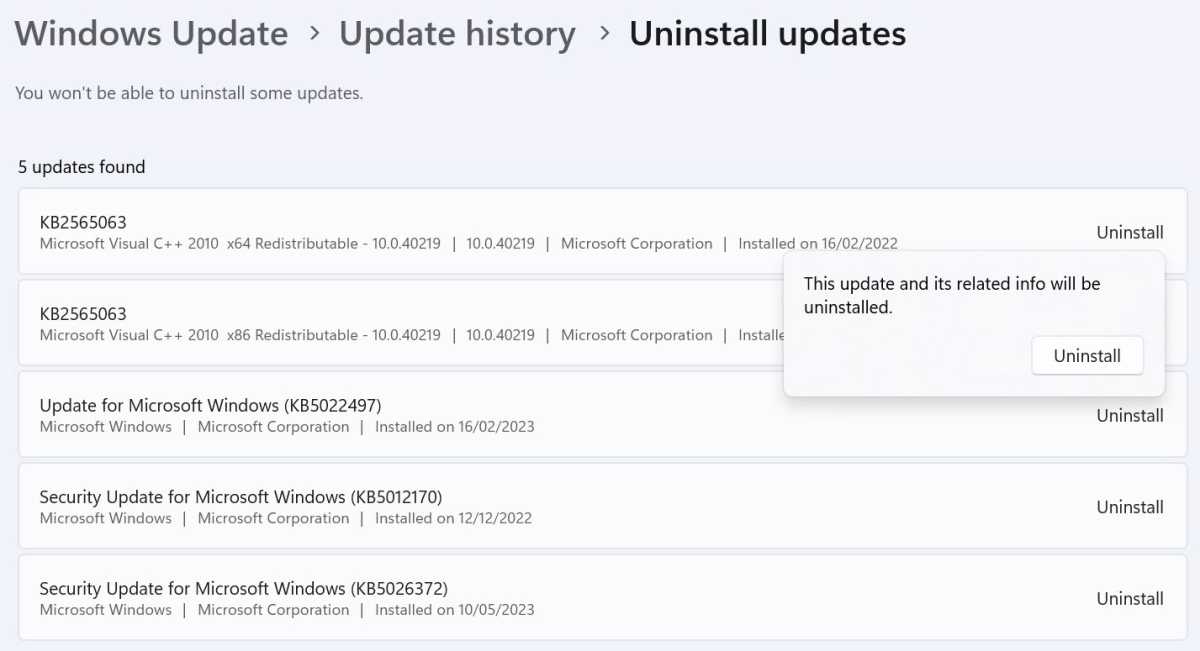 Pantalla de desinstalación de actualizaciones de Windows 11